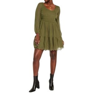 NWT Old Navy Forest Green Smocked Eyelet Trim Tiered Mini Dress Large Fairycore